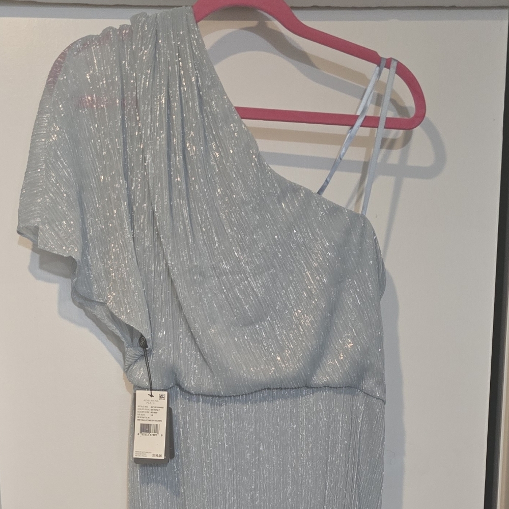 $199.00 NWT Adrianna Papell Metallic Crinkle Mesh One Shoulder Gown Skyway Blue